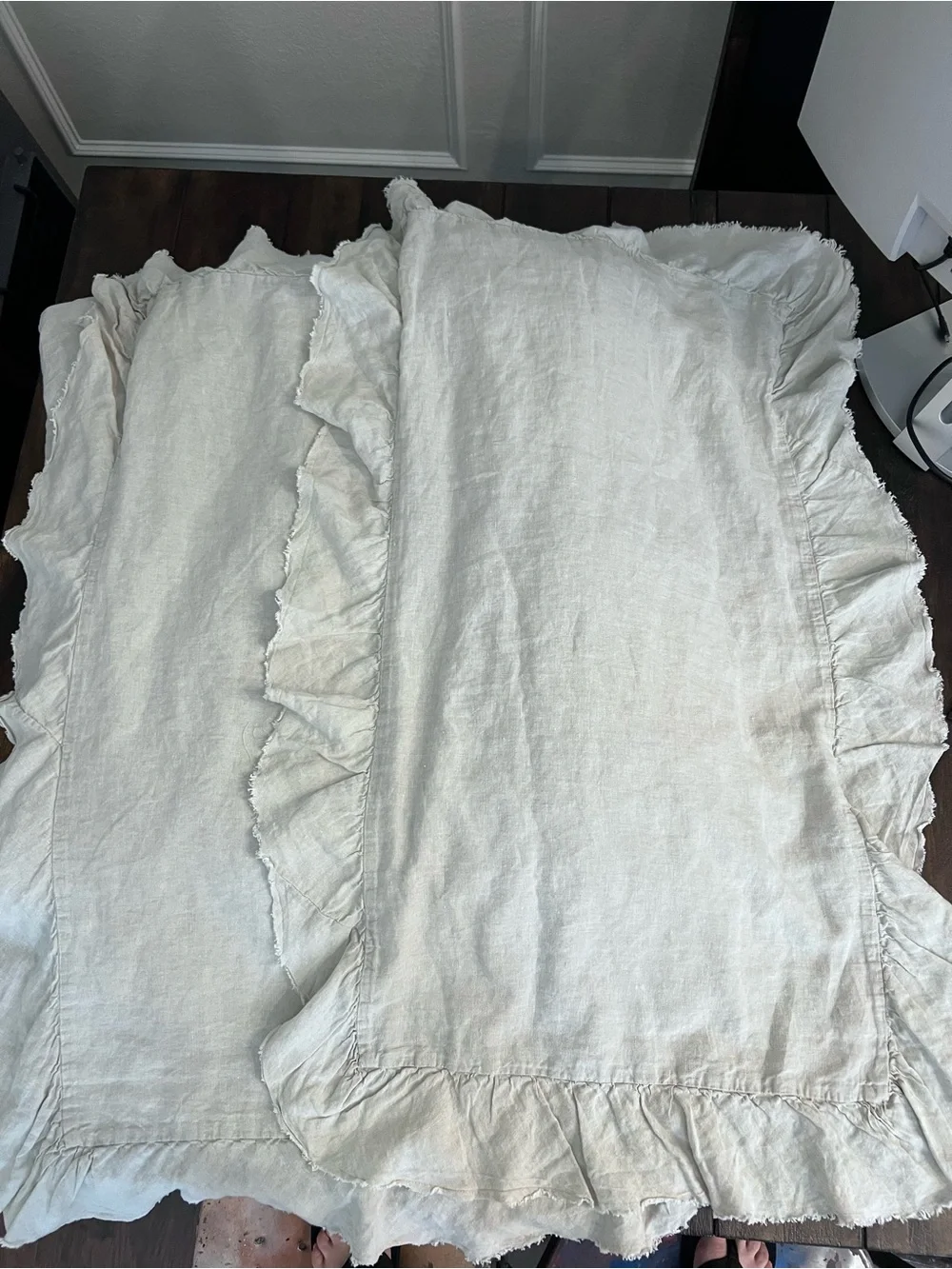 Pottery Barn Belgian Flax Linen Fringe Ruffle Duvet King Cover + 2 King Shams